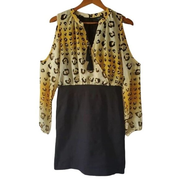 Nicole Miller Women's Leopard Print Top Black Bottom Cold Shoulder Dress Size 8 - Picture 2 of 13